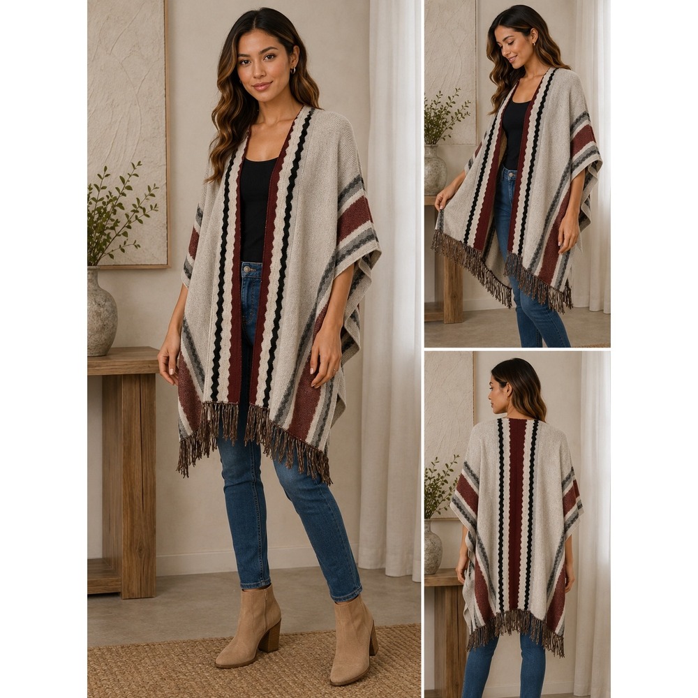 Entro Womens  Open Front Poncho Duster Shawl  Waterfall Cardigan  Sweater Fringe
